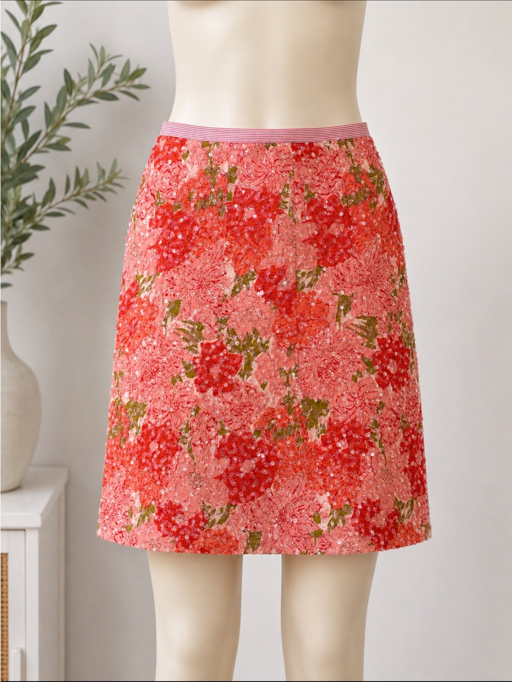 SNAK Floral Sequin Embellished Cotton Mini Skirt Size 4 Pink Red